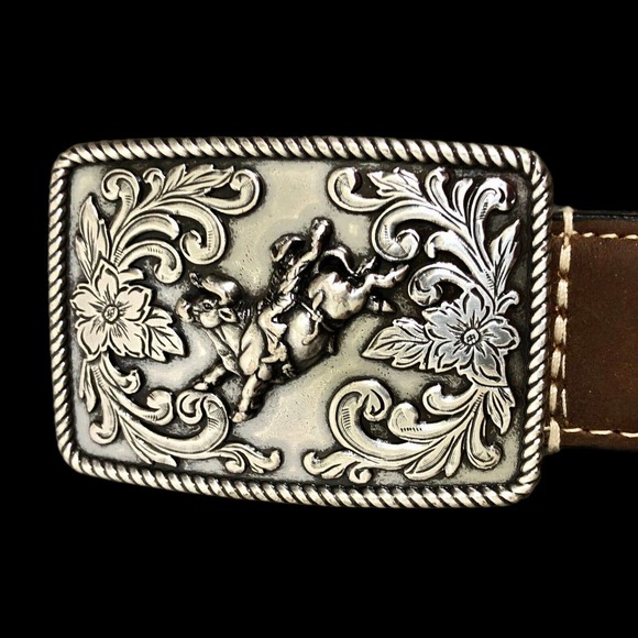 Nocona Other - Nocona Rodeo Bull Rider Silver Buckle Brown Leather Belt Boys Size 22